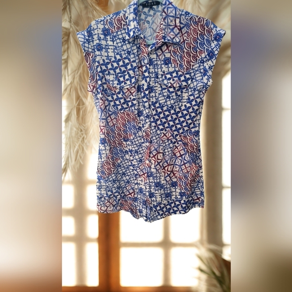 Geometric Print Button Down Shirt in Blue and Red - Picture 1 of 5